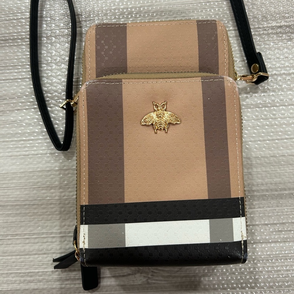 Bee Square Brown Striped Crossbody bag Multiple zip pockets - Picture 3 of 11